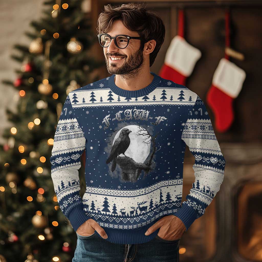 Black Crow F-Caw-F Ugly Christmas Sweater Funny Raven Moon Gothic Adult Humor TS10 Navy Beige Print Your Wear