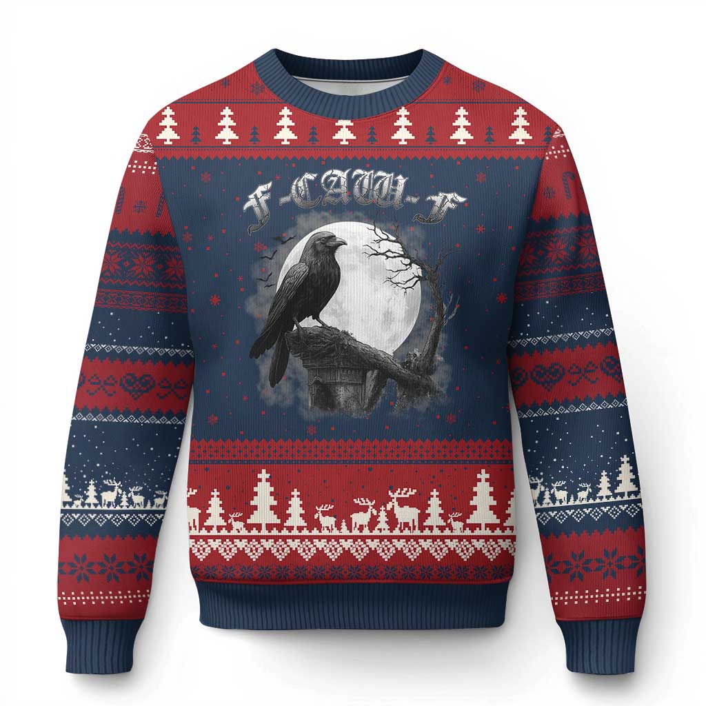 Black Crow F-Caw-F Ugly Christmas Sweater Funny Raven Moon Gothic Adult Humor TS10 Navy Red Print Your Wear