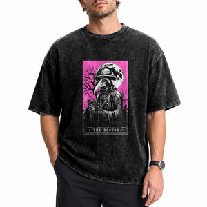 Plague Doctor Tarot Card Washed Cotton T-Shirt Mysterious Horror Death Occult Satanic