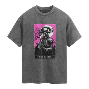 Plague Doctor Tarot Card Washed Cotton T-Shirt Mysterious Horror Death Occult Satanic