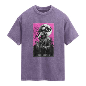 Plague Doctor Tarot Card Washed Cotton T-Shirt Mysterious Horror Death Occult Satanic