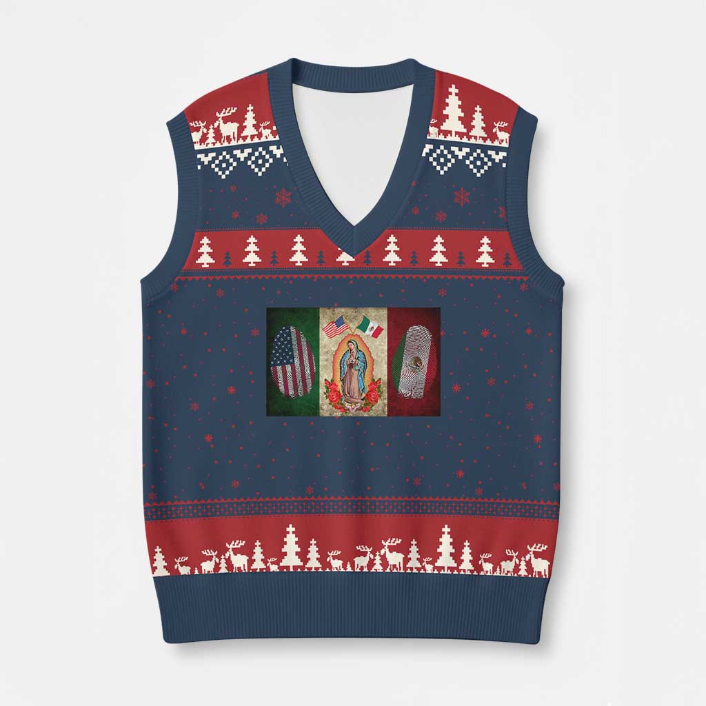 Mexico Flag V-Neck Knit Sweater Vest Virgin Mary Mexican American Patriotic Mexican Roots TS10 Navy Red Print Your Wear