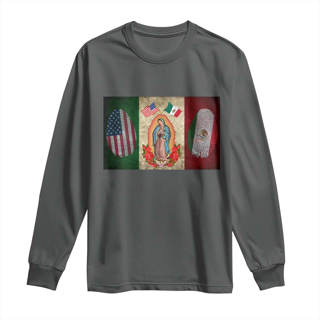 Mexico Flag Long Sleeve Shirt Virgin Mary Mexican American Patriotic Mexican Roots TS10 Dark Heather Print Your Wear