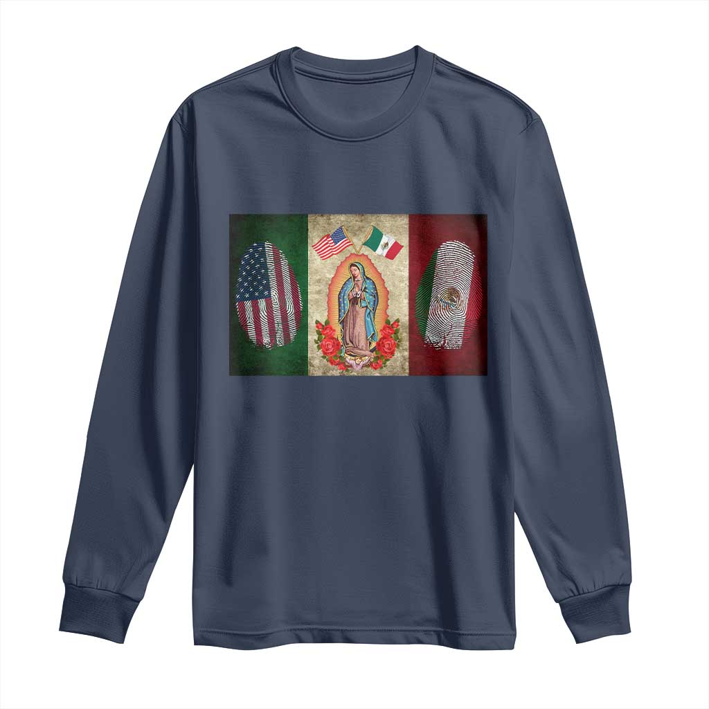 Mexico Flag Long Sleeve Shirt Virgin Mary Mexican American Patriotic Mexican Roots TS10 Navy Print Your Wear