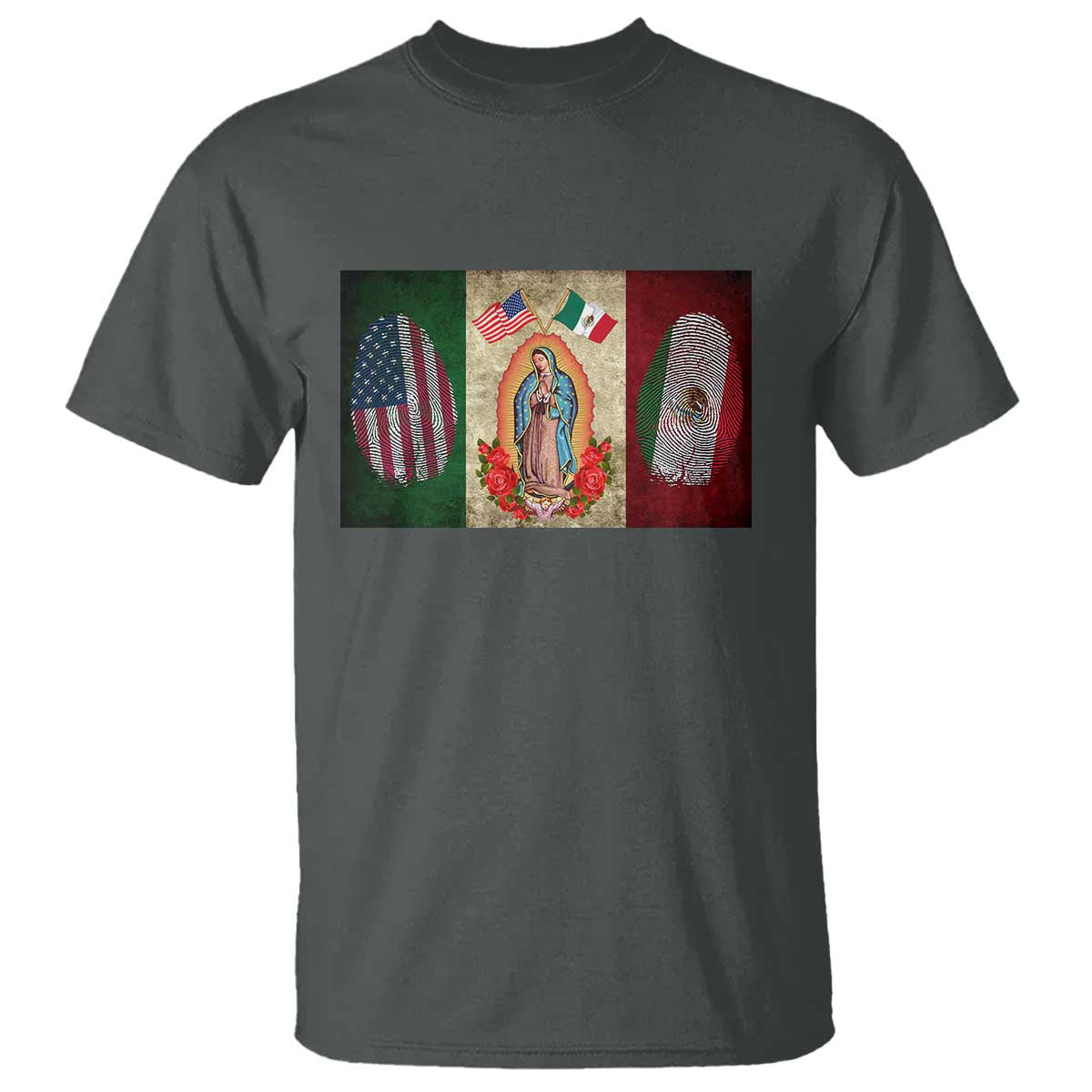 Mexico Flag T Shirt Virgin Mary Mexican American Patriotic Mexican Roots TS10 Dark Heather Print Your Wear