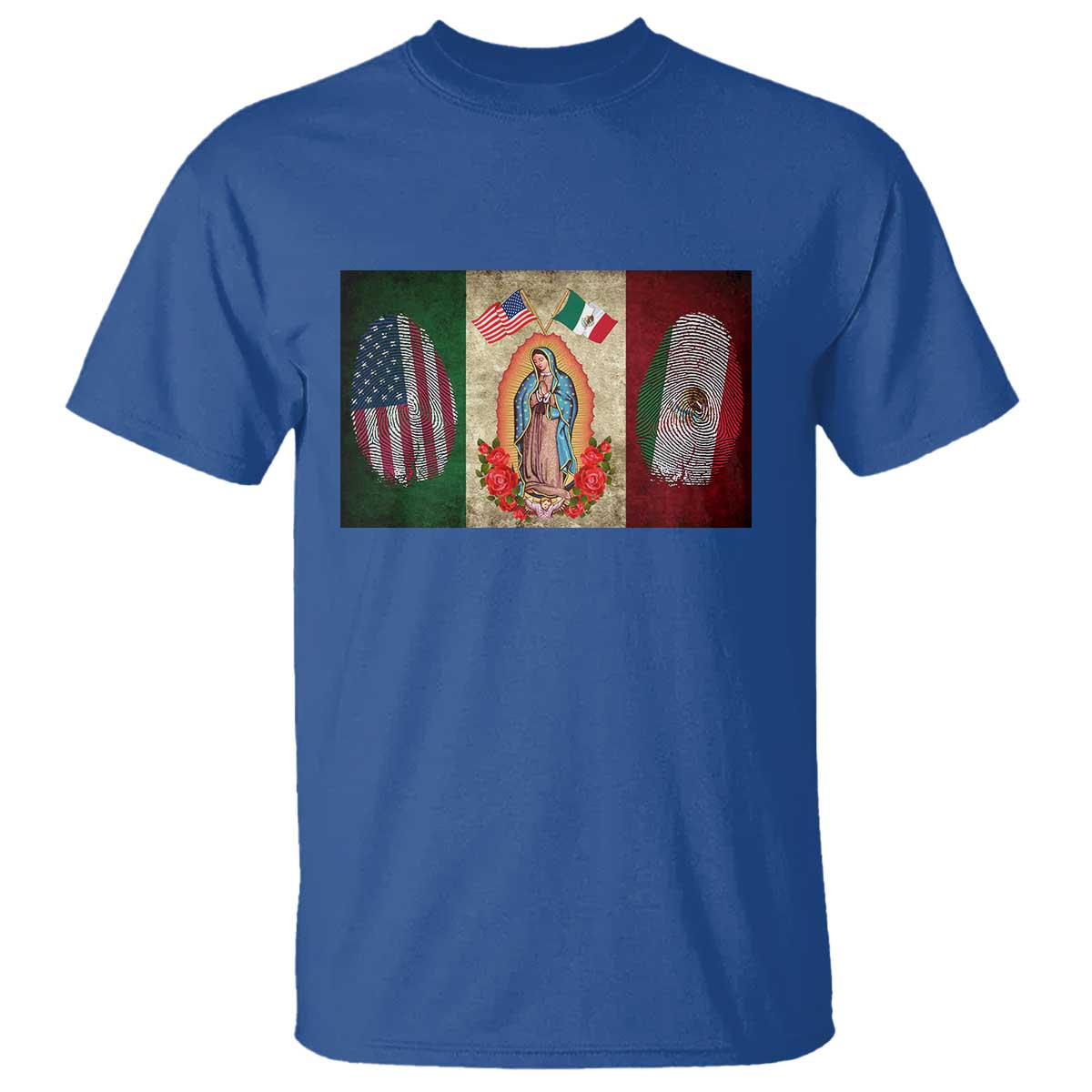 Mexico Flag T Shirt Virgin Mary Mexican American Patriotic Mexican Roots TS10 Royal Blue Print Your Wear