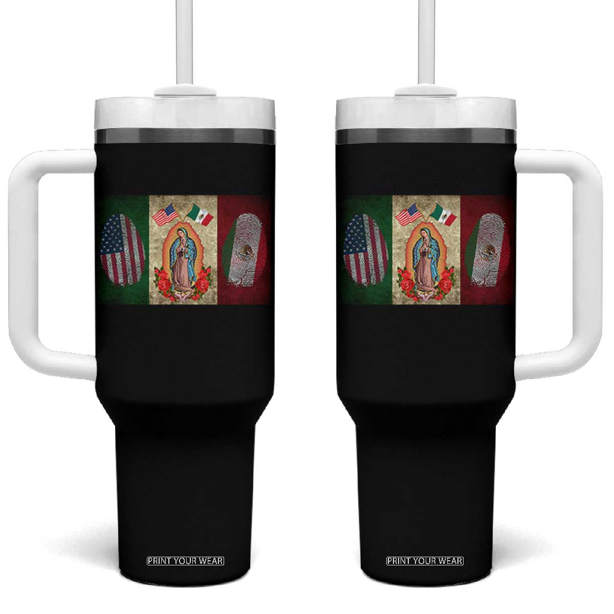 Mexico Flag Tumbler With Handle Virgin Mary Mexican American Patriotic Mexican Roots TS10 One Size: 40 oz Black Print Your Wear