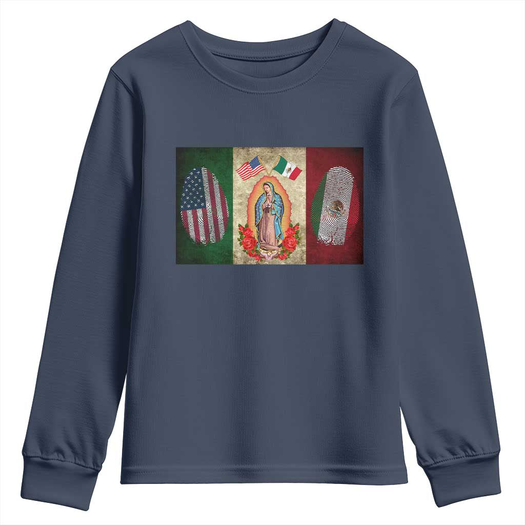 Mexico Flag Youth Sweatshirt Virgin Mary Mexican American Patriotic Mexican Roots TS10 Navy Print Your Wear