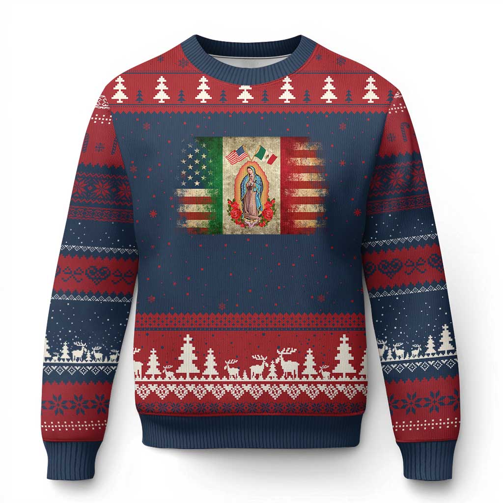 American Mexican Flag Ugly Christmas Sweater Virgin Mary Mexico Heritage Mexican Roots TS10 Navy Red Print Your Wear