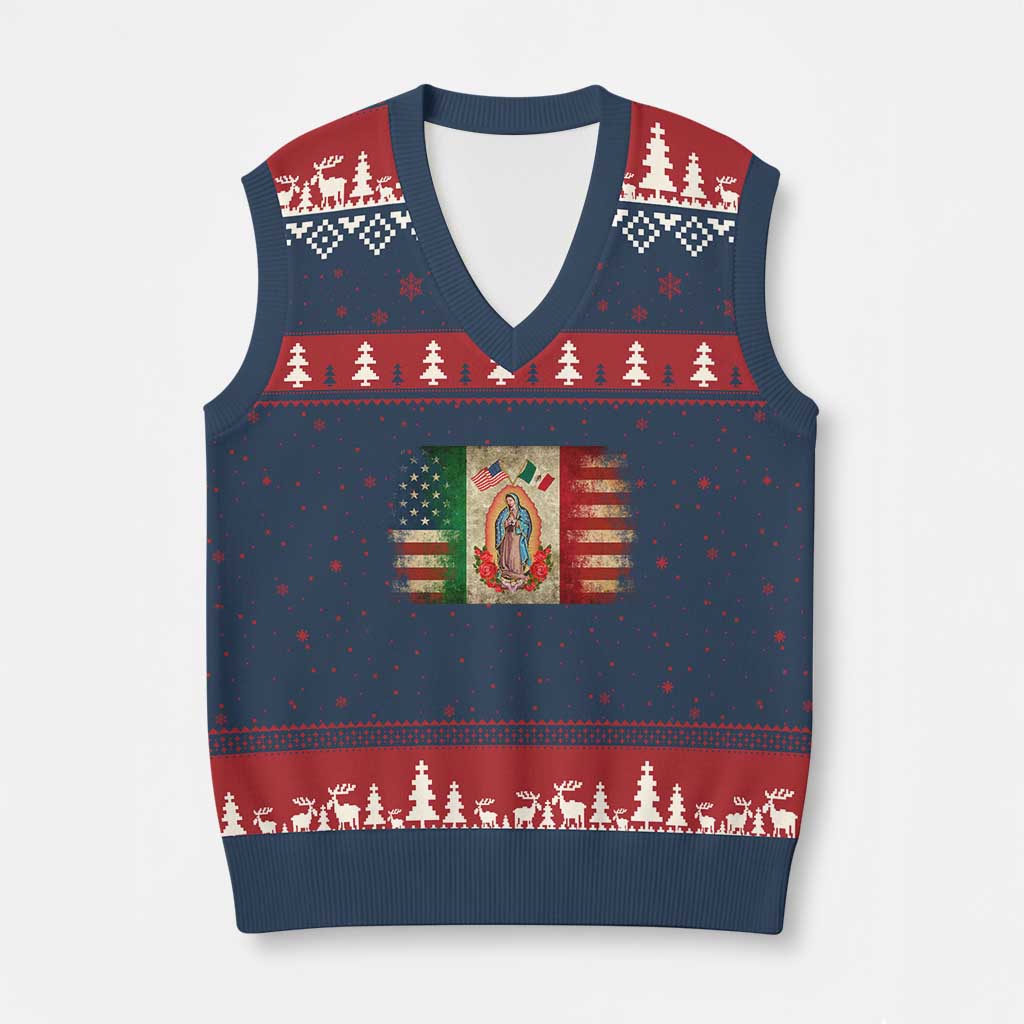 American Mexican Flag V-Neck Knit Sweater Vest Virgin Mary Mexico Heritage Mexican Roots TS10 Navy Red Print Your Wear