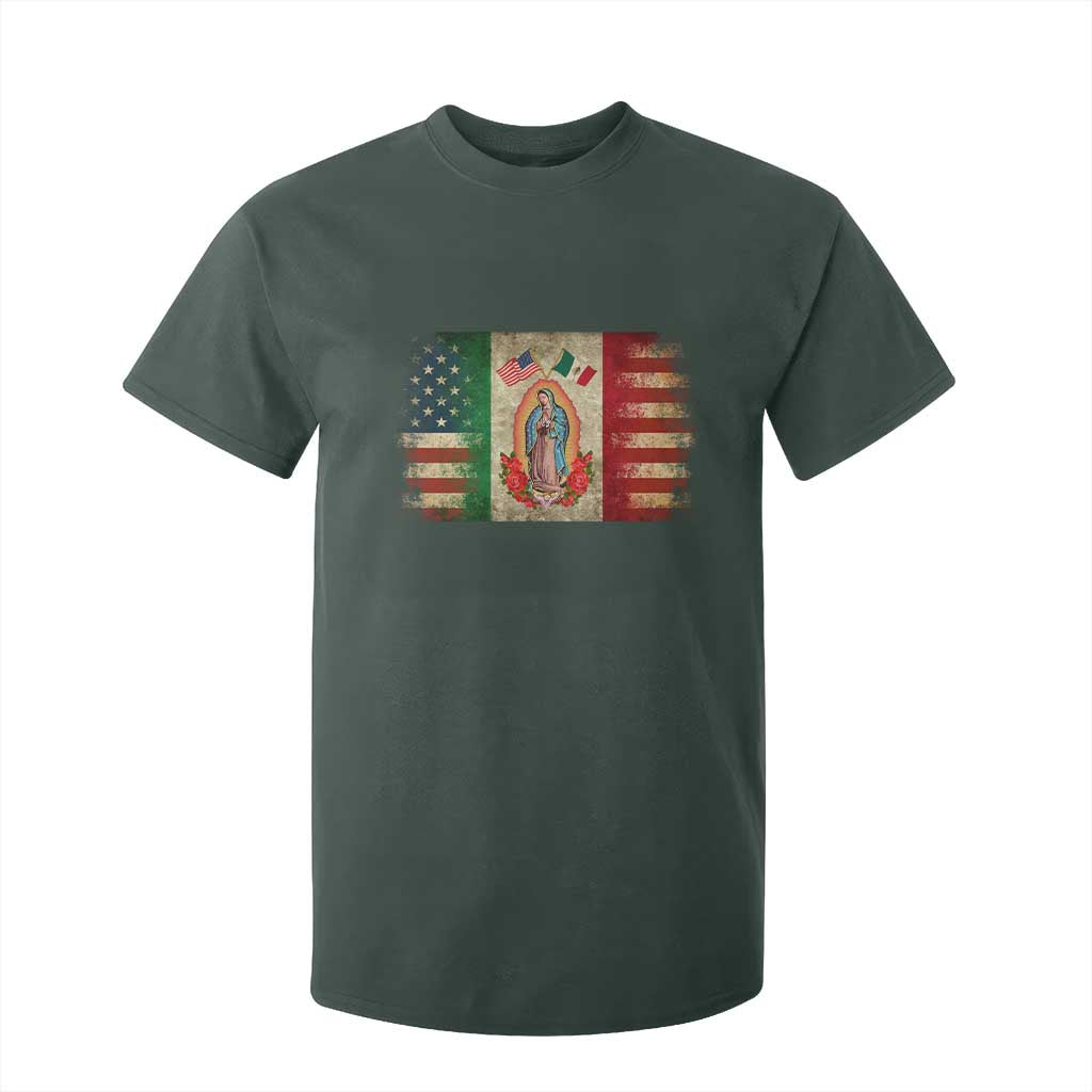 American Mexican Flag T Shirt For Kid Virgin Mary Mexico Heritage Mexican Roots TS10 Dark Forest Green Print Your Wear