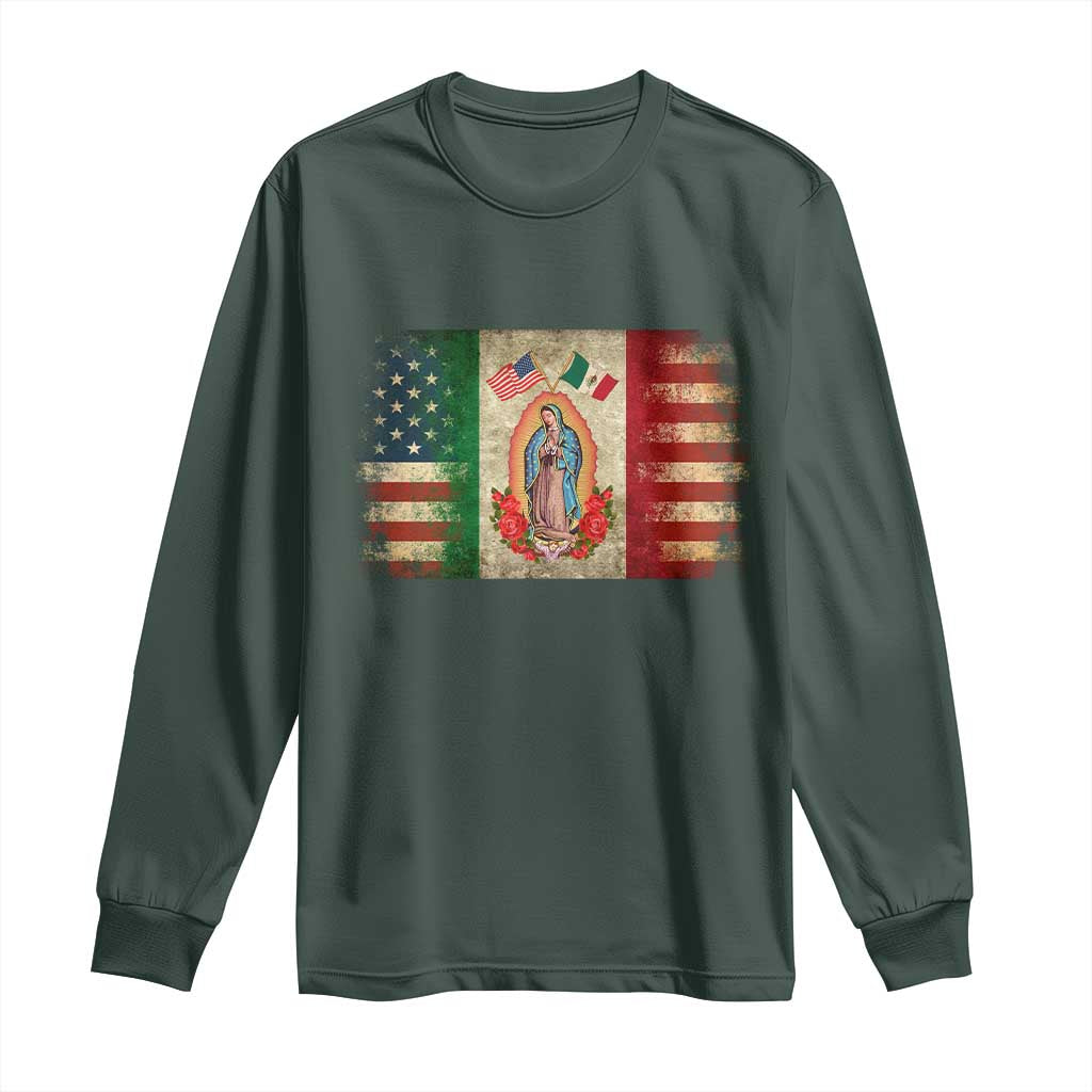 American Mexican Flag Long Sleeve Shirt Virgin Mary Mexico Heritage Mexican Roots TS10 Dark Forest Green Print Your Wear