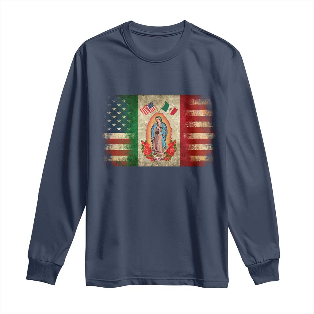 American Mexican Flag Long Sleeve Shirt Virgin Mary Mexico Heritage Mexican Roots TS10 Navy Print Your Wear