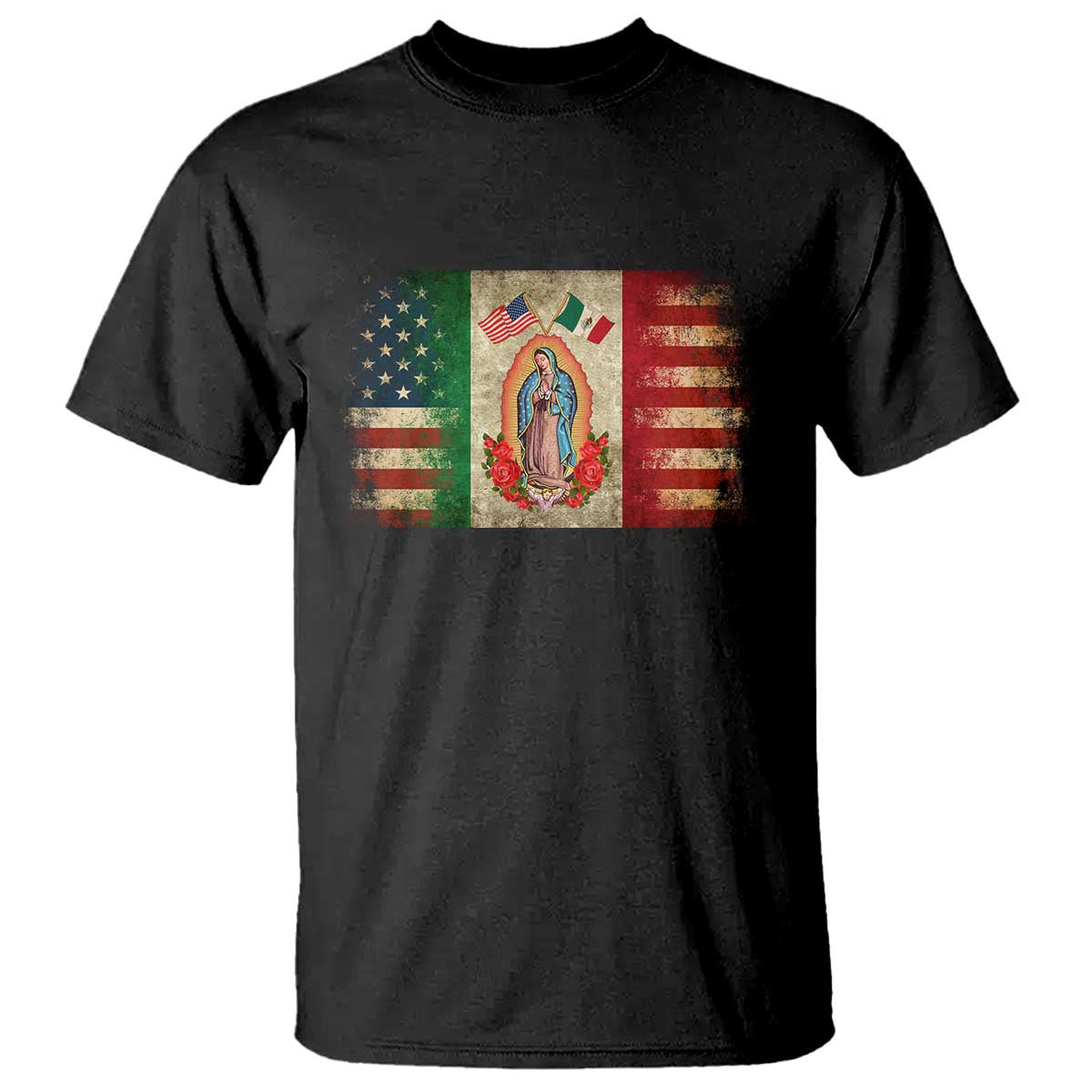 American Mexican Flag T Shirt Virgin Mary Mexico Heritage Mexican Roots TS10 Black Print Your Wear