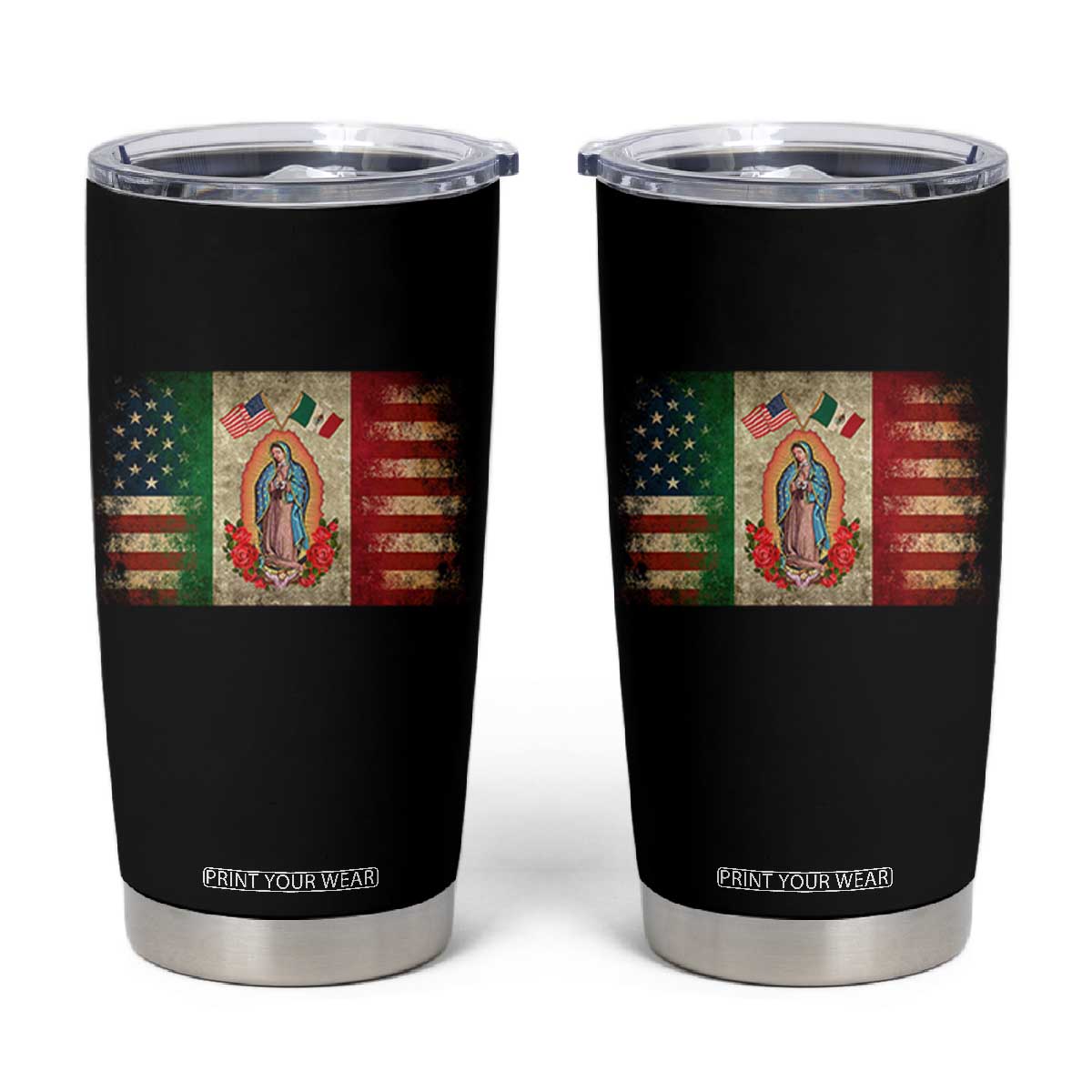 American Mexican Flag Tumbler Cup Virgin Mary Mexico Heritage Mexican Roots TS10 Black Print Your Wear