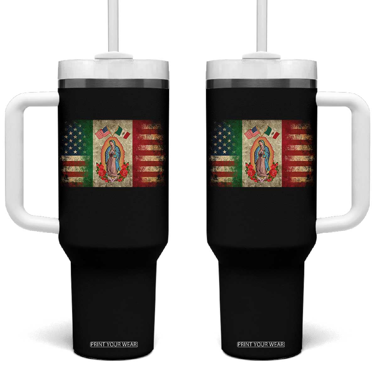 American Mexican Flag Tumbler With Handle Virgin Mary Mexico Heritage Mexican Roots TS10 One Size: 40 oz Black Print Your Wear