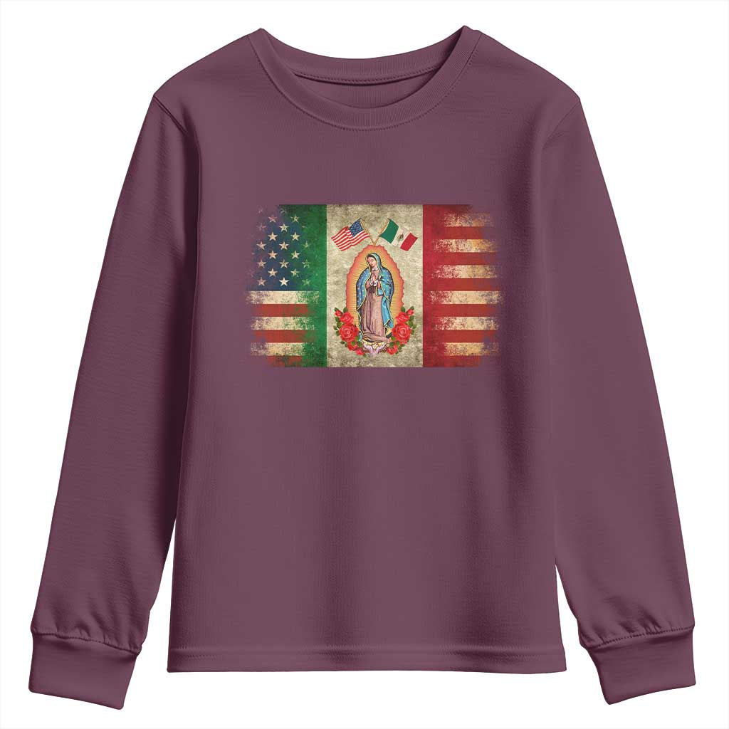 American Mexican Flag Youth Sweatshirt Virgin Mary Mexico Heritage Mexican Roots TS10 Maroon Print Your Wear