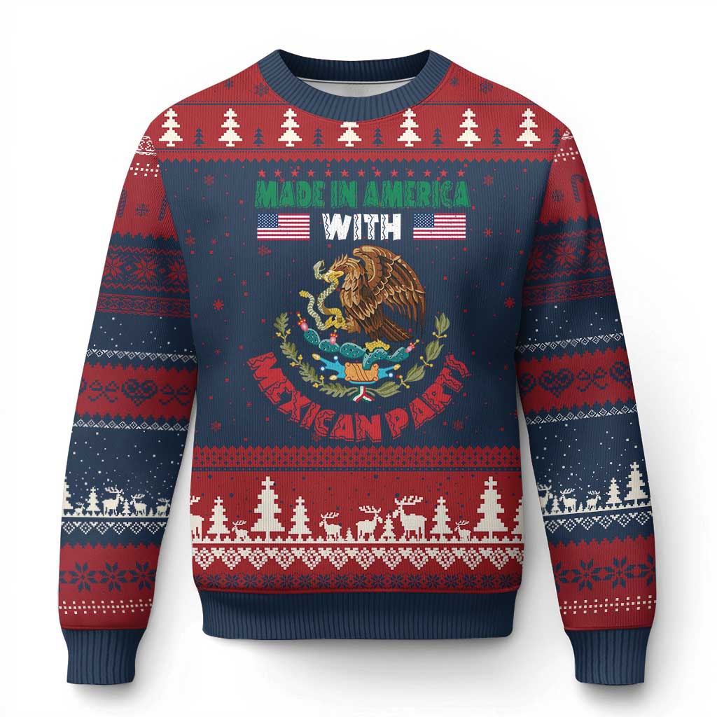Made In America With Mexican Parts Ugly Christmas Sweater Mexico Coat of Arms Half Mexican Roots TS10 Navy Red Print Your Wear