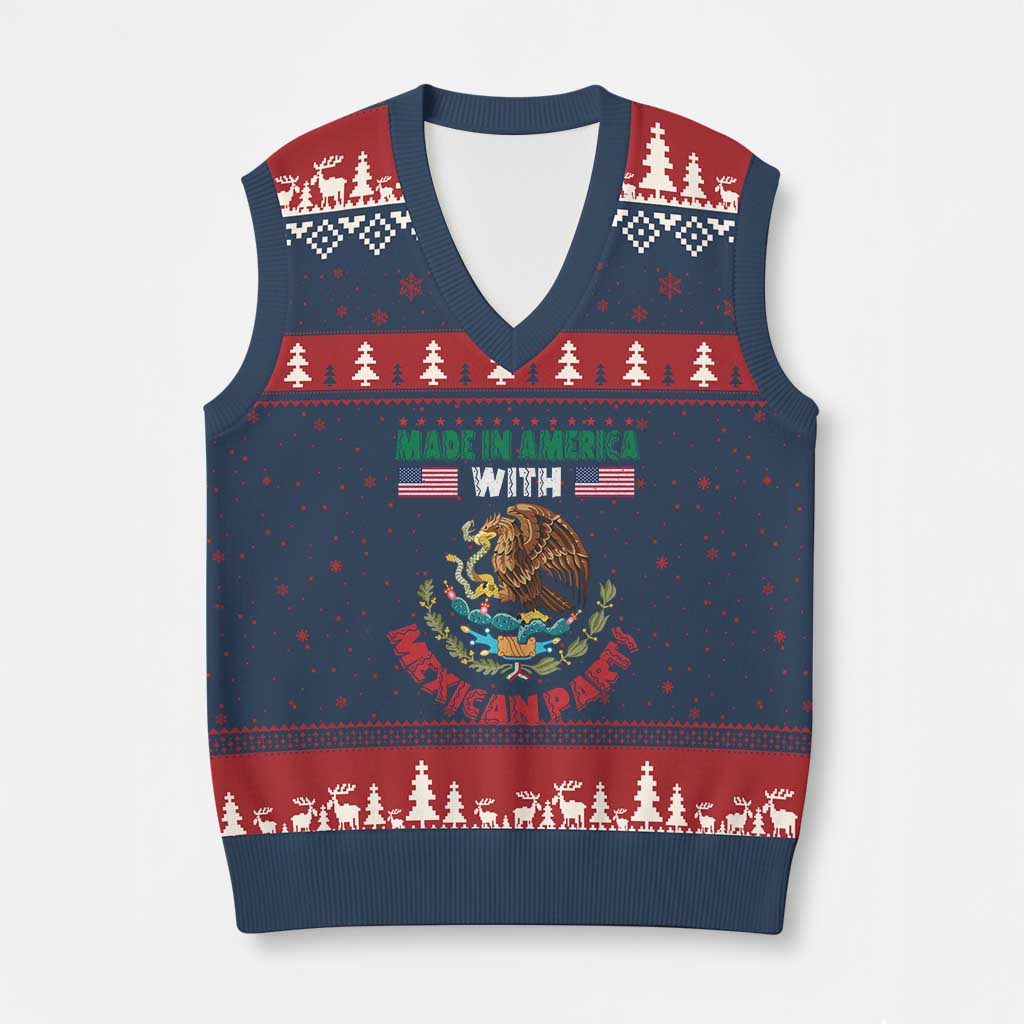 Made In America With Mexican Parts V-Neck Knit Sweater Vest Mexico Coat of Arms Half Mexican Roots TS10 Navy Red Print Your Wear