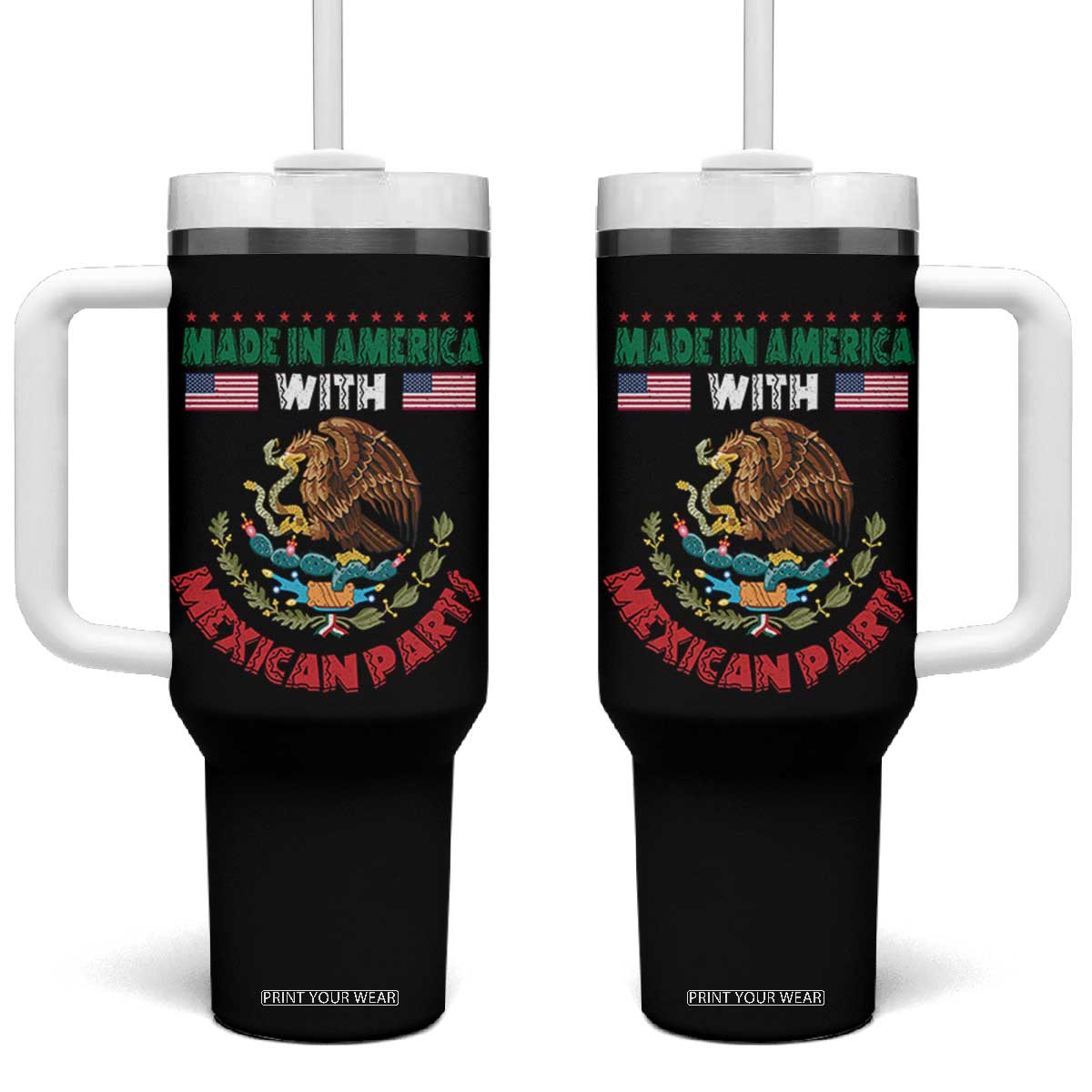 Made In America With Mexican Parts Tumbler With Handle Mexico Coat of Arms Half Mexican Roots TS10 One Size: 40 oz Black Print Your Wear