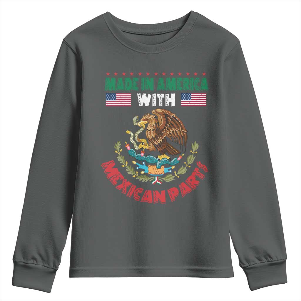 Made In America With Mexican Parts Youth Sweatshirt Mexico Coat of Arms Half Mexican Roots TS10 Dark Heather Print Your Wear