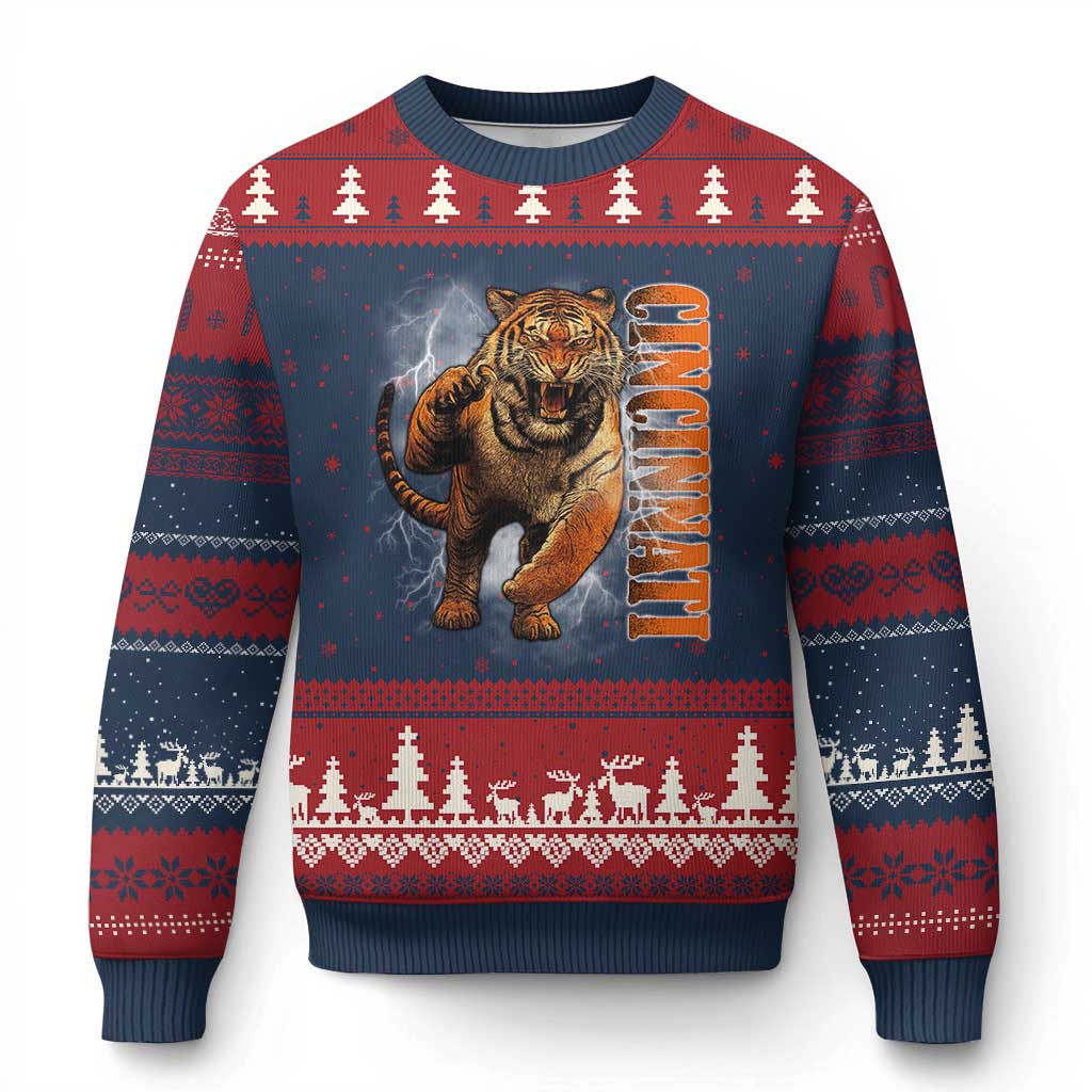 Cincinnati Tiger Ugly Christmas Sweater Bootleg Vintage TS10 Navy Red Print Your Wear