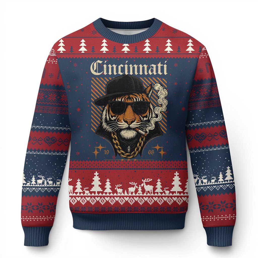 Cincinnati Tiger Ugly Christmas Sweater Retro Vintage Mascot Sports Fan TS10 Navy Red Print Your Wear