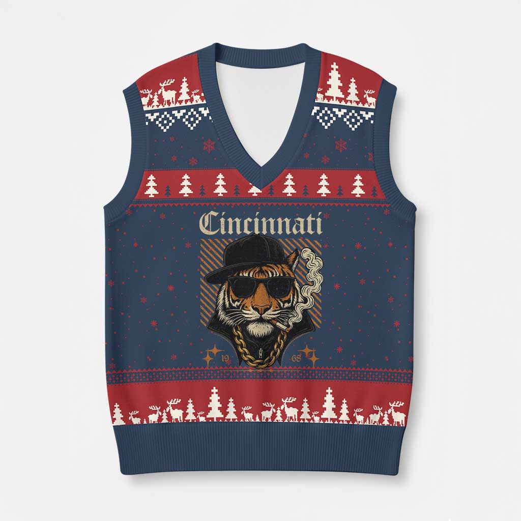 Cincinnati Tiger V-Neck Knit Sweater Vest Retro Vintage Mascot Sports Fan TS10 Navy Red Print Your Wear