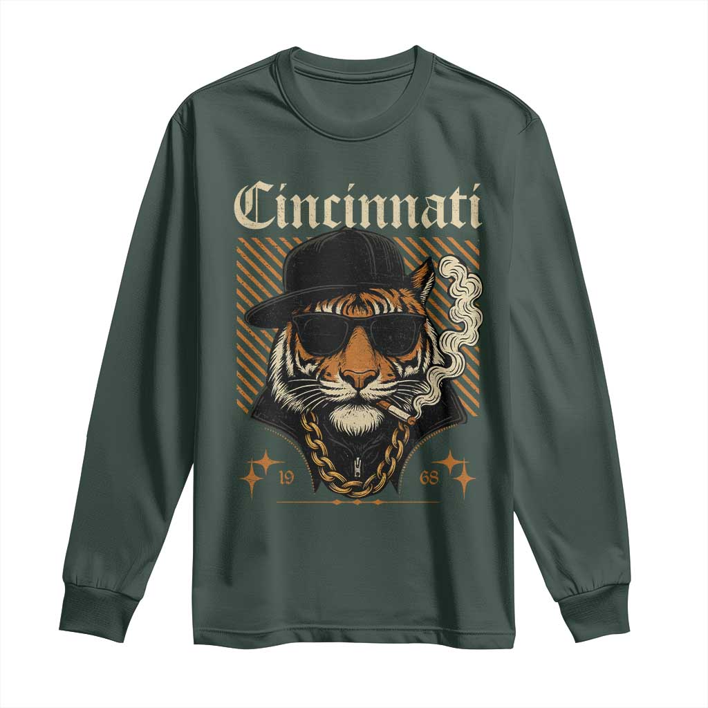 Cincinnati Tiger Long Sleeve Shirt Retro Vintage Mascot Sports Fan TS10 Dark Forest Green Print Your Wear