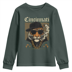 Cincinnati Tiger Youth Sweatshirt Retro Vintage Mascot Sports Fan TS10 Dark Forest Green Print Your Wear