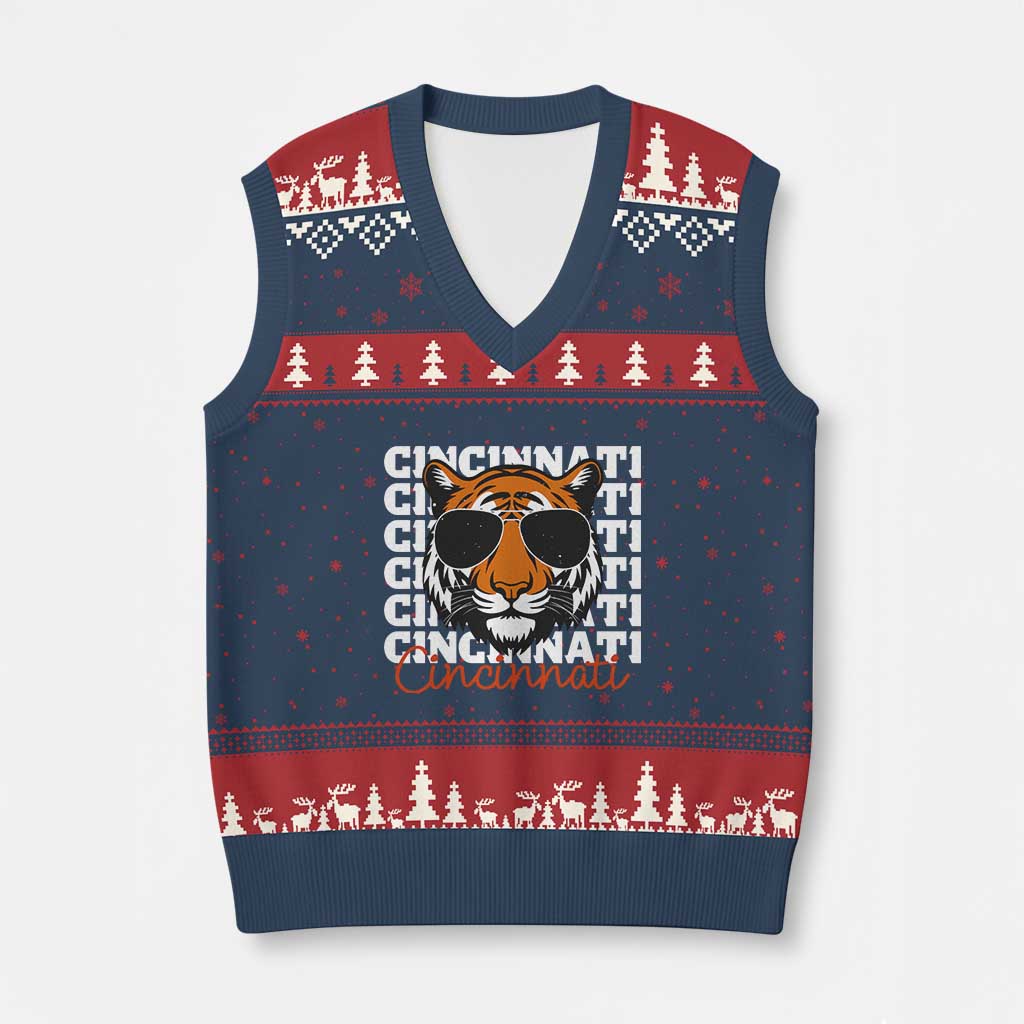 Cincinnati Tiger V-Neck Knit Sweater Vest Retro Vintage Novelty Sports Fan TS10 Navy Red Print Your Wear