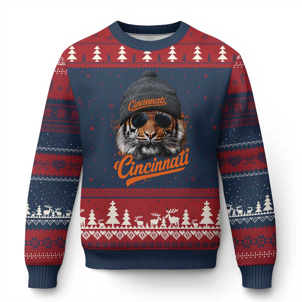 Cincinnati Tiger Ugly Christmas Sweater Retro Vintage Watercolors Sport TS10 Navy Red Print Your Wear