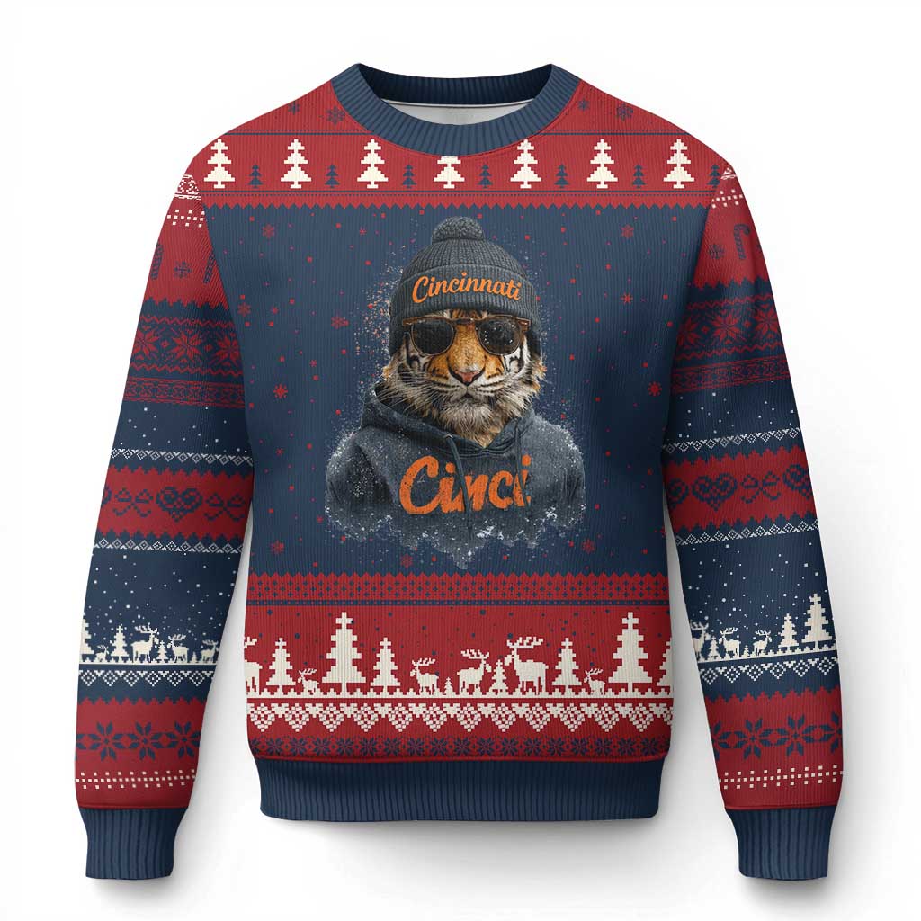 Cincinnati Tiger Ugly Christmas Sweater Retro Vintage Watercolors TS10 Navy Red Print Your Wear