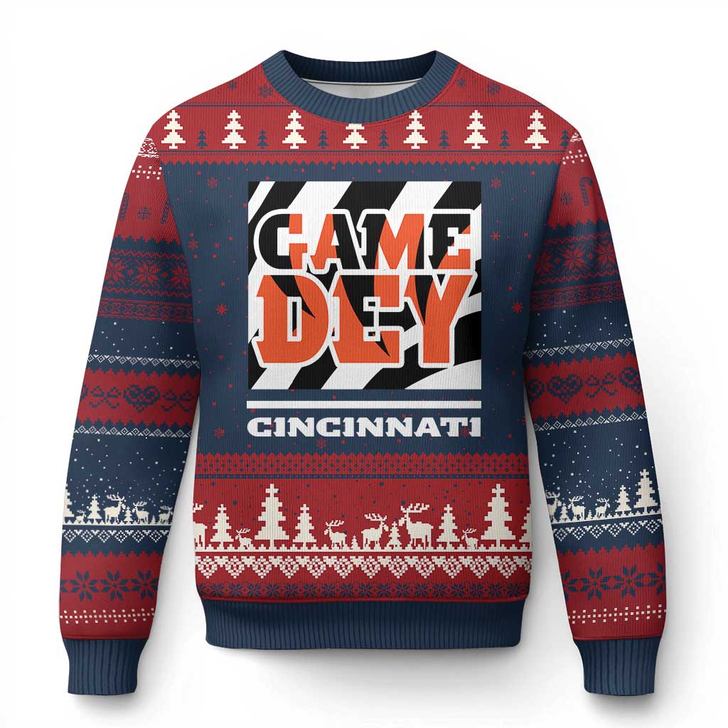 Cincinnati Ugly Christmas Sweater Retro Vintage Game Dey White Stripes TS10 Navy Red Print Your Wear