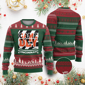 Cincinnati Ugly Christmas Sweater Retro Vintage Game Dey White Stripes TS10 Red Green Print Your Wear