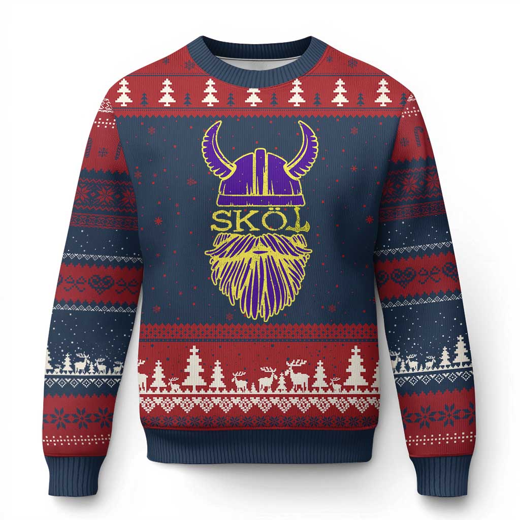 Skol Nordic Scandinavian Warrior Helmet Ugly Christmas Sweater Retro Football Sports Fan MFV TS10 Navy Red Print Your Wear