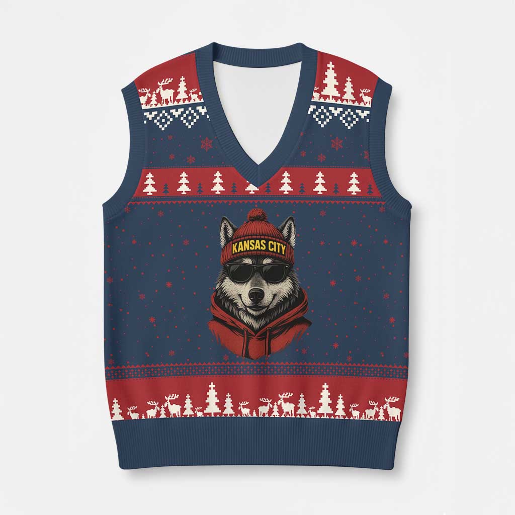 Kansas City V-Neck Knit Sweater Vest Vintage Retro Wolf Mascot TS10 Navy Red Print Your Wear