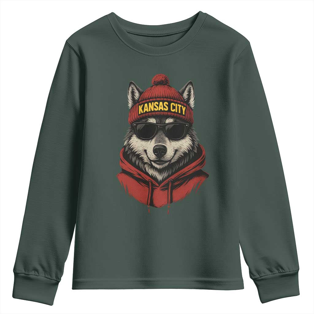 Kansas City Youth Sweatshirt Vintage Retro Wolf Mascot TS10 Dark Forest Green Print Your Wear