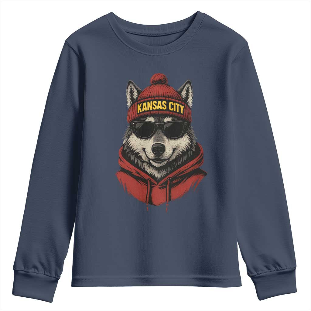 Kansas City Youth Sweatshirt Vintage Retro Wolf Mascot TS10 Navy Print Your Wear