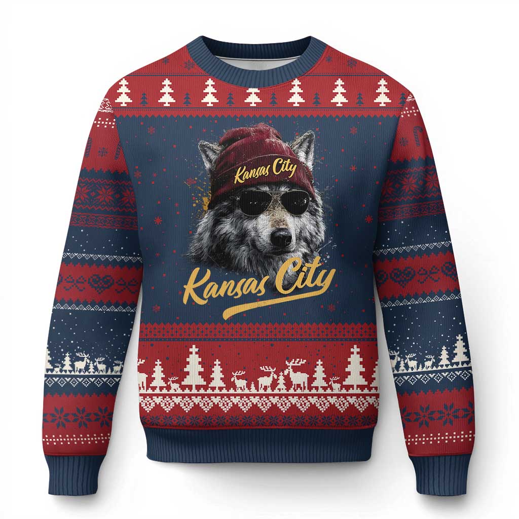 Kansas City Ugly Christmas Sweater Retro Vintage Watercolors Sport Wolf Mascot TS10 Navy Red Print Your Wear