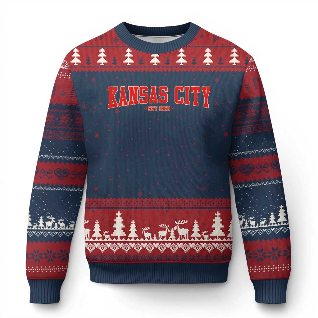 KC Game Day Ugly Christmas Sweater Retro Style 90s Vintage Unisex Varisty Football TS10 Navy Red Print Your Wear