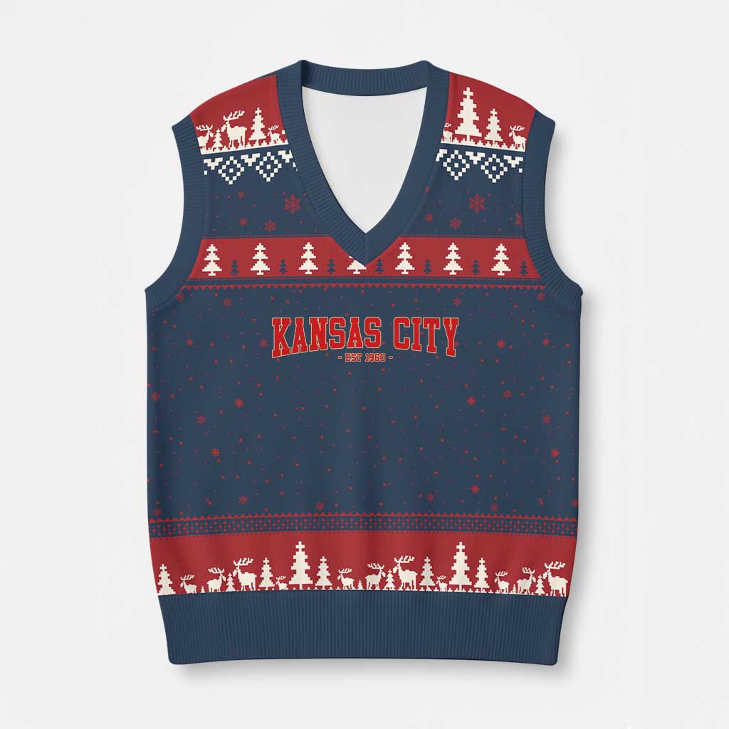 KC Game Day V-Neck Knit Sweater Vest Retro Style 90s Vintage Unisex Varisty Football TS10 Navy Red Print Your Wear