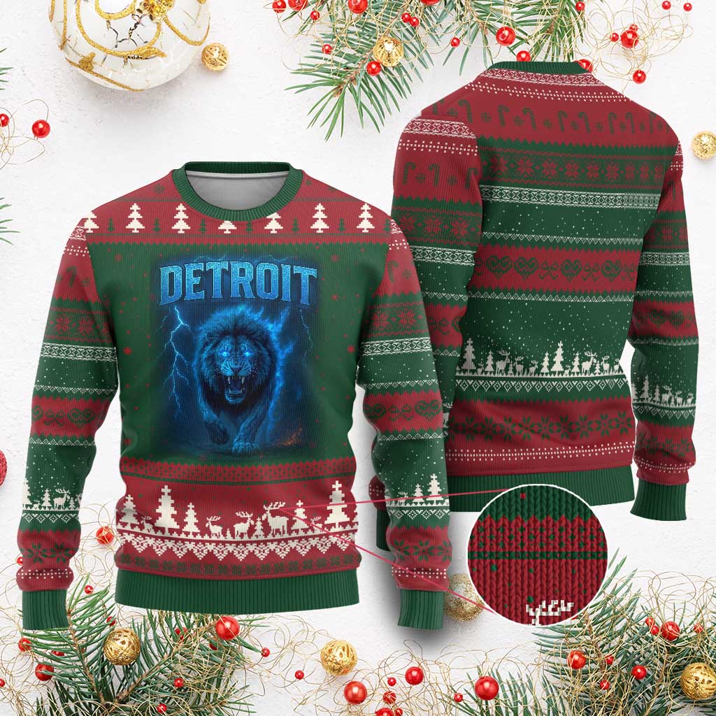Retro Detroit Football Ugly Christmas Sweater Love Lions Bootleg Vintage Rap Tee TS10 Red Green Print Your Wear