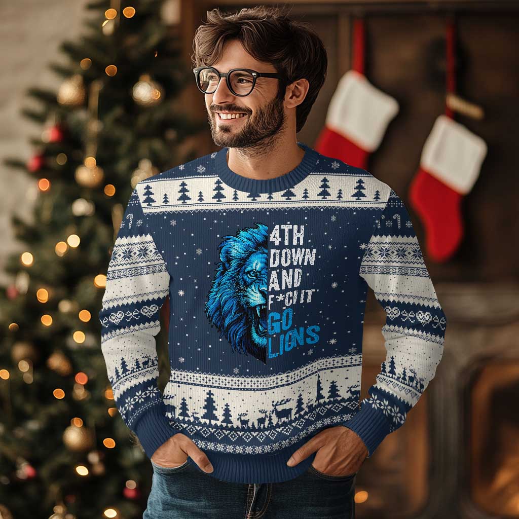 LF Game Day Ugly Christmas Sweater Funny 4th Down F*ck It Blue Team Sports Fan TS10 Navy Beige Print Your Wear