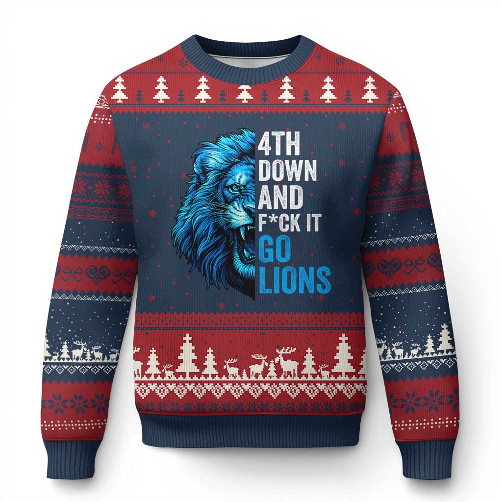 Go Lions Ugly Christmas Sweater Funny 4th Down F*ck It Blue Lion Fan TS10 Navy Red Print Your Wear