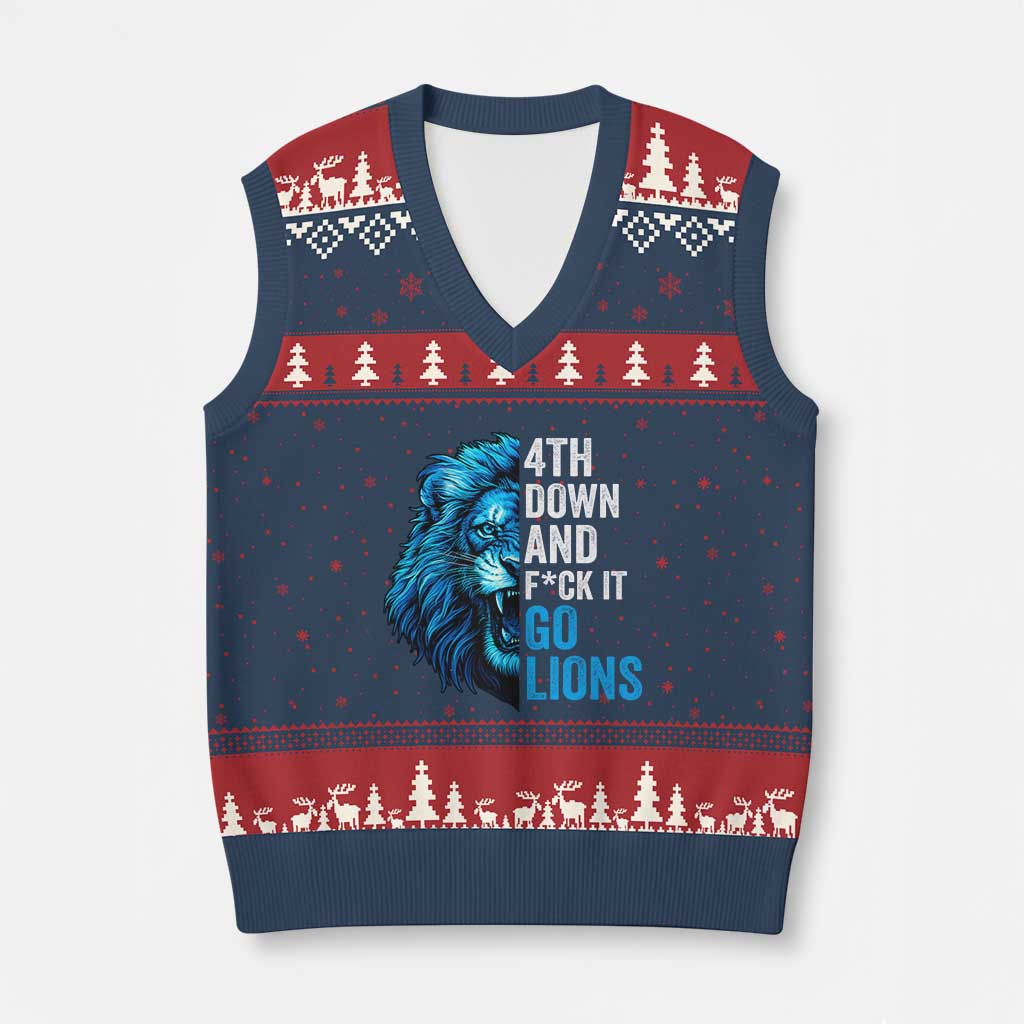 Go Lions V-Neck Knit Sweater Vest Funny 4th Down F*ck It Blue Lion Fan TS10 Navy Red Print Your Wear