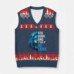 Go Lions V-Neck Knit Sweater Vest Funny 4th Down F*ck It Blue Lion Fan TS10 Navy Red Print Your Wear