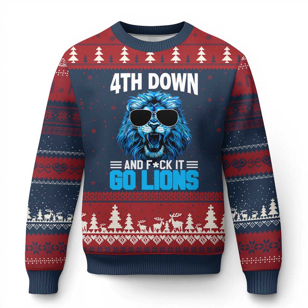 4th Down F*ck It Go Lions Ugly Christmas Sweater Funny Bold Game Day TS10 Navy Red Print Your Wear
