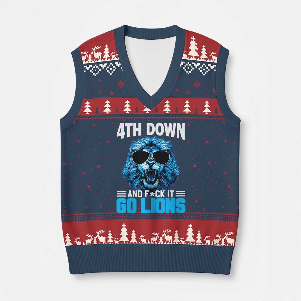 4th Down F*ck It Go Lions V-Neck Knit Sweater Vest Funny Bold Game Day TS10 Navy Red Print Your Wear
