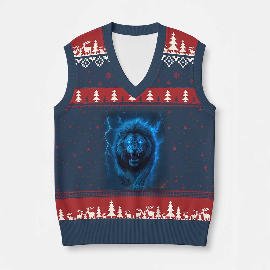 Vintage Classic Blue Lion Bootleg Graphic V-Neck Knit Sweater Vest TS10 Navy Red Print Your Wear